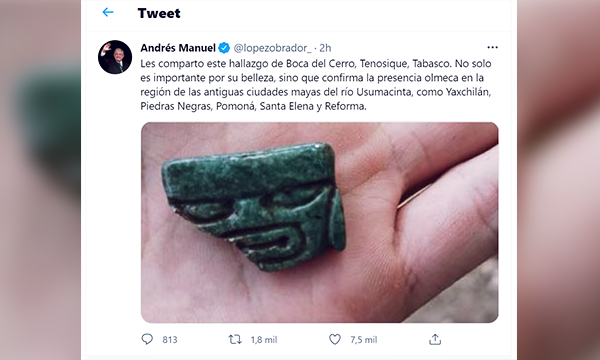 Tweet del presidente de México mostrando una cabeza olmeca de jade