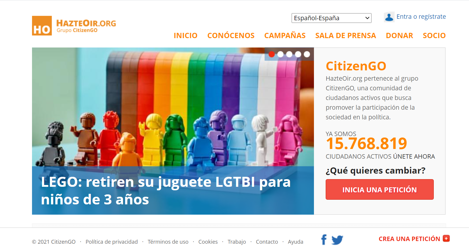 Portal de Hazte Oír del grupo Citizen Go con campaña contra LEGO