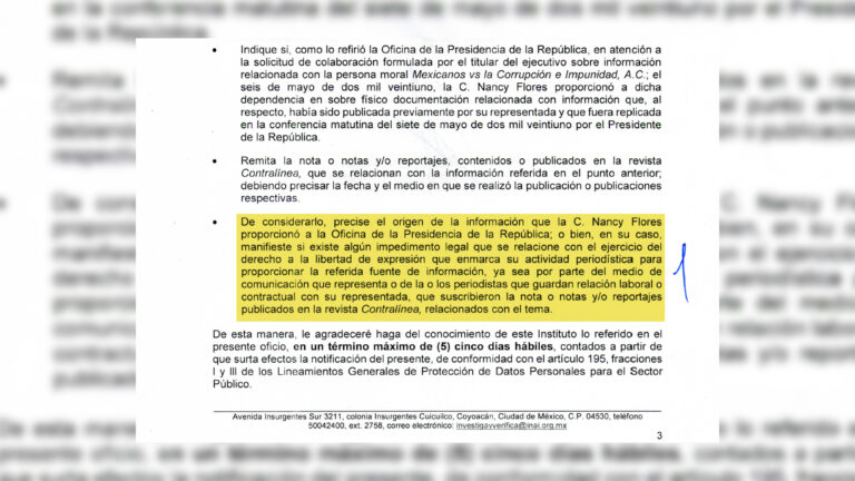 Imagen de la peticion del Inai para que Contralinea revele sus fuentes