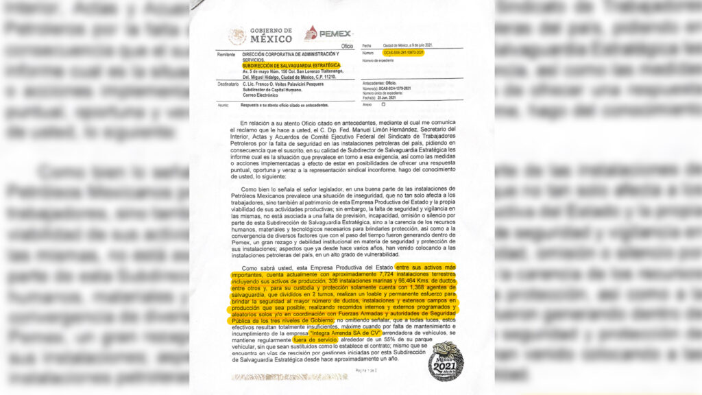 documento donde se detalla que Petróleos Mexicanos se encuentra en “un alto grado de vulnerabilidad” ante el crimen organizado