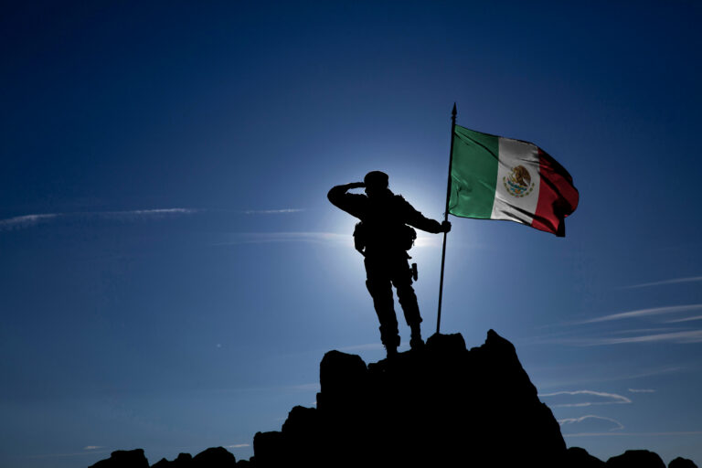 Militar sosteniendo la bandera de México sobre un montículo