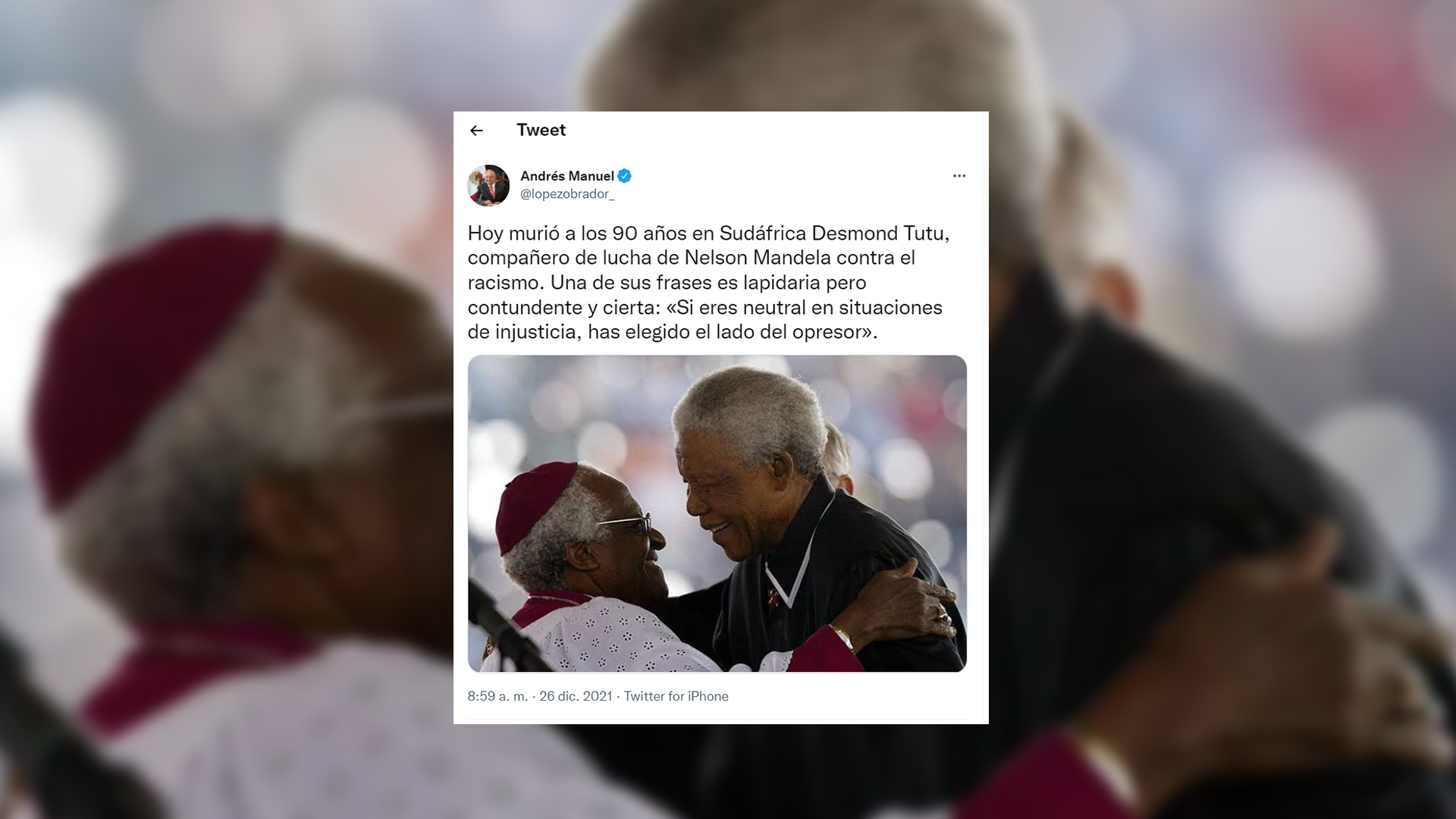 AMLO lamenta el fallecimiento de Desmond Tutu