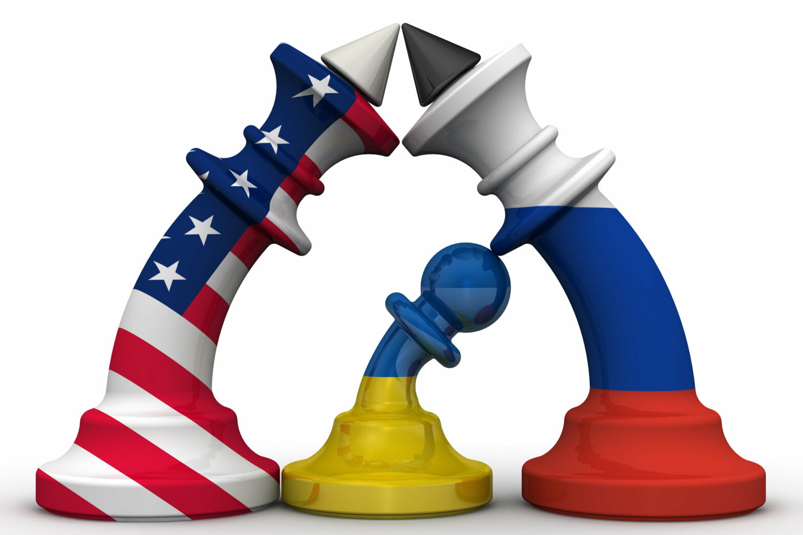 Piezas de ajedrez con la bandera de Estados Unidos, Rusia y Ucrania