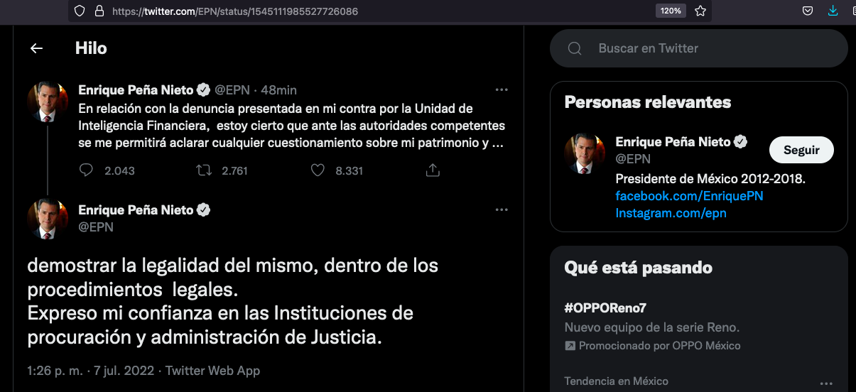 Peña Nieto respondió por Twitter respecto a la carpeta de investigación por presunto lavado de dinero que abrió la FGR