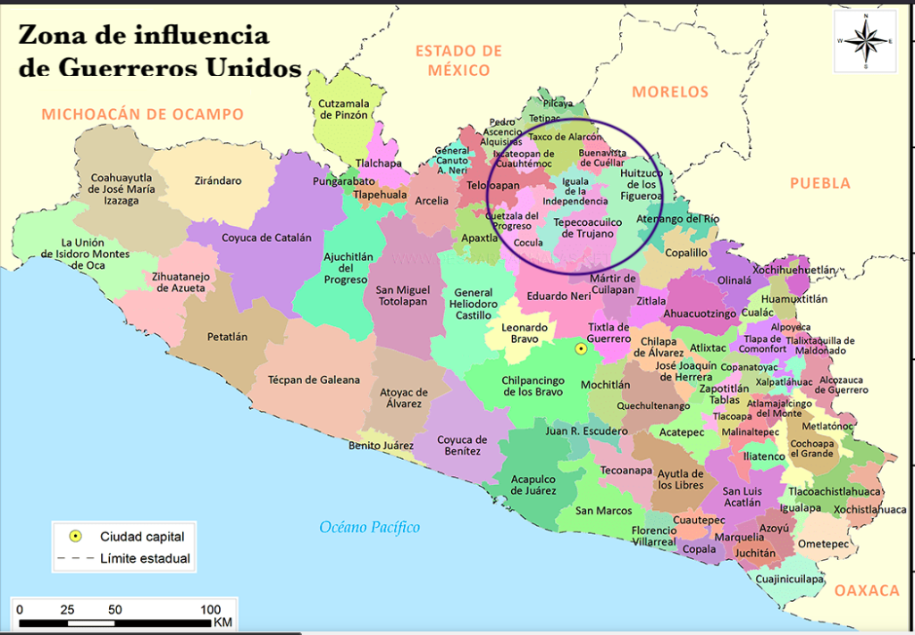 Mapa del estado de Guerrero que muestra la zona de influencia del cártel Guerreros Unidos