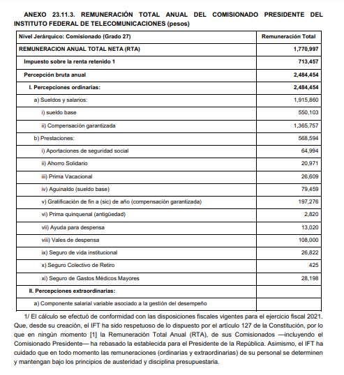 remuneración total anual del comisionado presidente del IFT