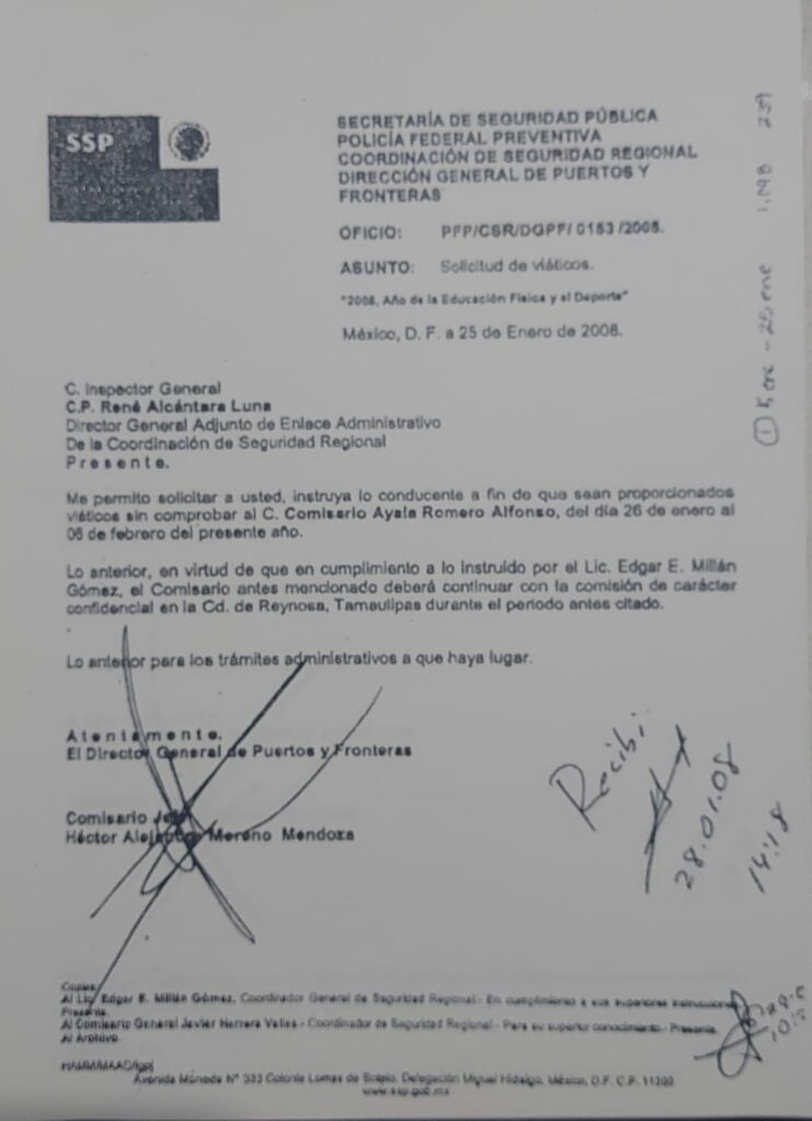 Documento de la Secretaría de Seguridad Pública presentado como prueba de la "guerra interna" que había por el poder durante el régimen Garcia Luna