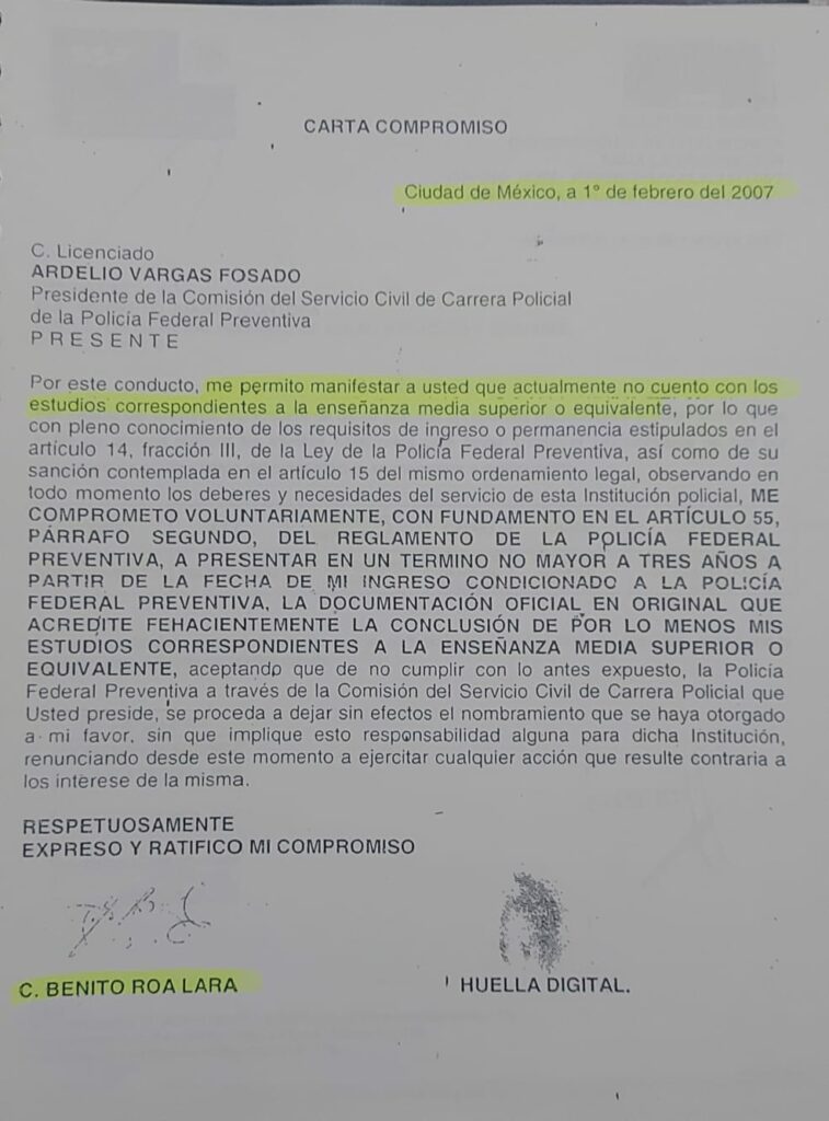 Documento de la Secretaría de Seguridad Pública presentado como prueba de la "guerra interna" que había por el poder durante el régimen Garcia Luna