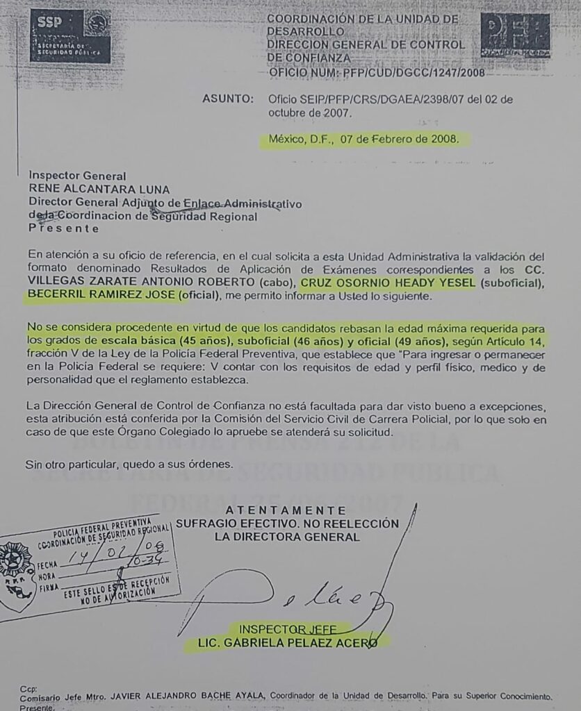 Documento de la Secretaría de Seguridad Pública presentado como prueba de la "guerra interna" que había por el poder durante el régimen Garcia Luna