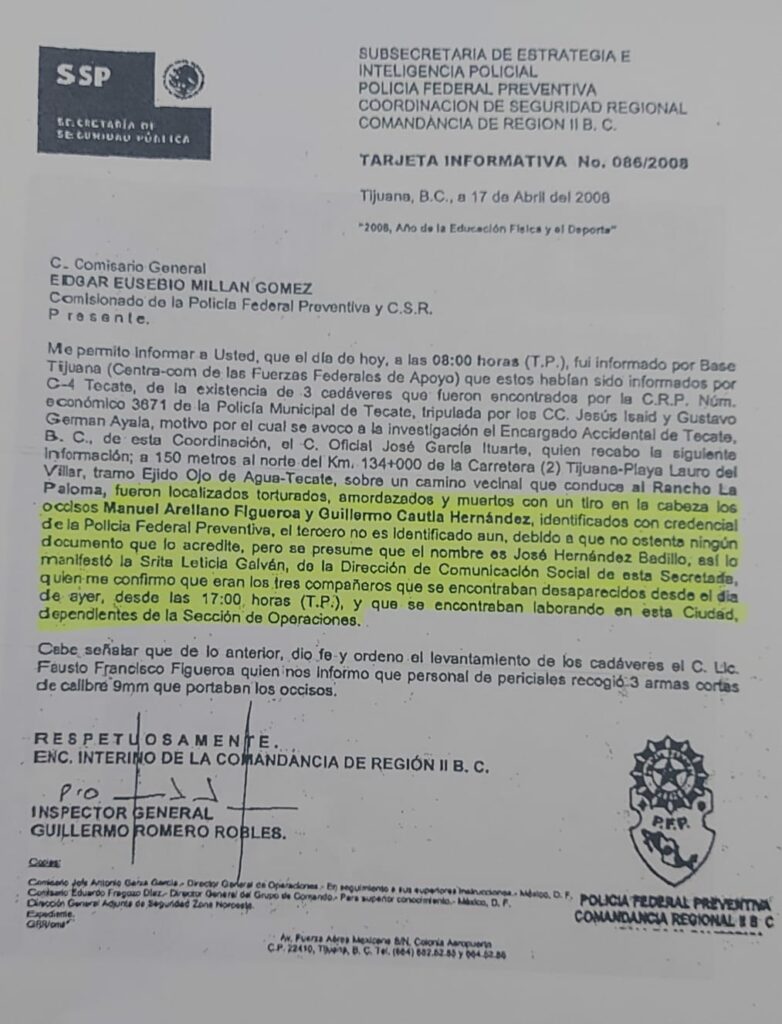 Documento de la Secretaría de Seguridad Pública corroborando los datos sobre la investigación a Genaro García Luna realizada en los Estados Unidos de Norte América