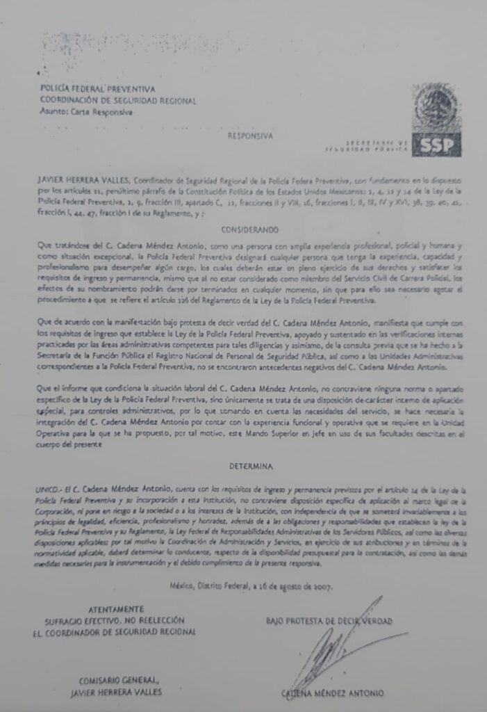 Documento de la Secretaría de Seguridad Pública corroborando los datos sobre la investigación a Genaro García Luna realizada en los Estados Unidos de Norte América