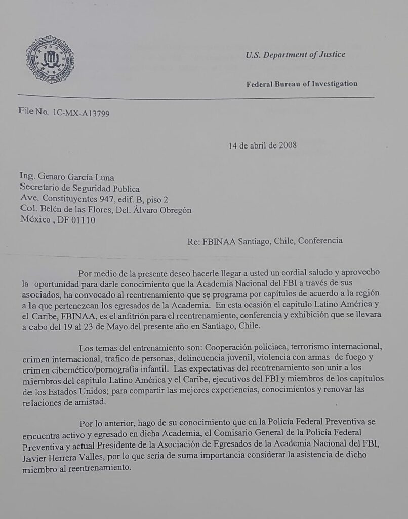 Documento del Departamento de Justicia de los Estados Unidos de Norte América, corroborando los datos sobre la investigación a Genaro García Luna