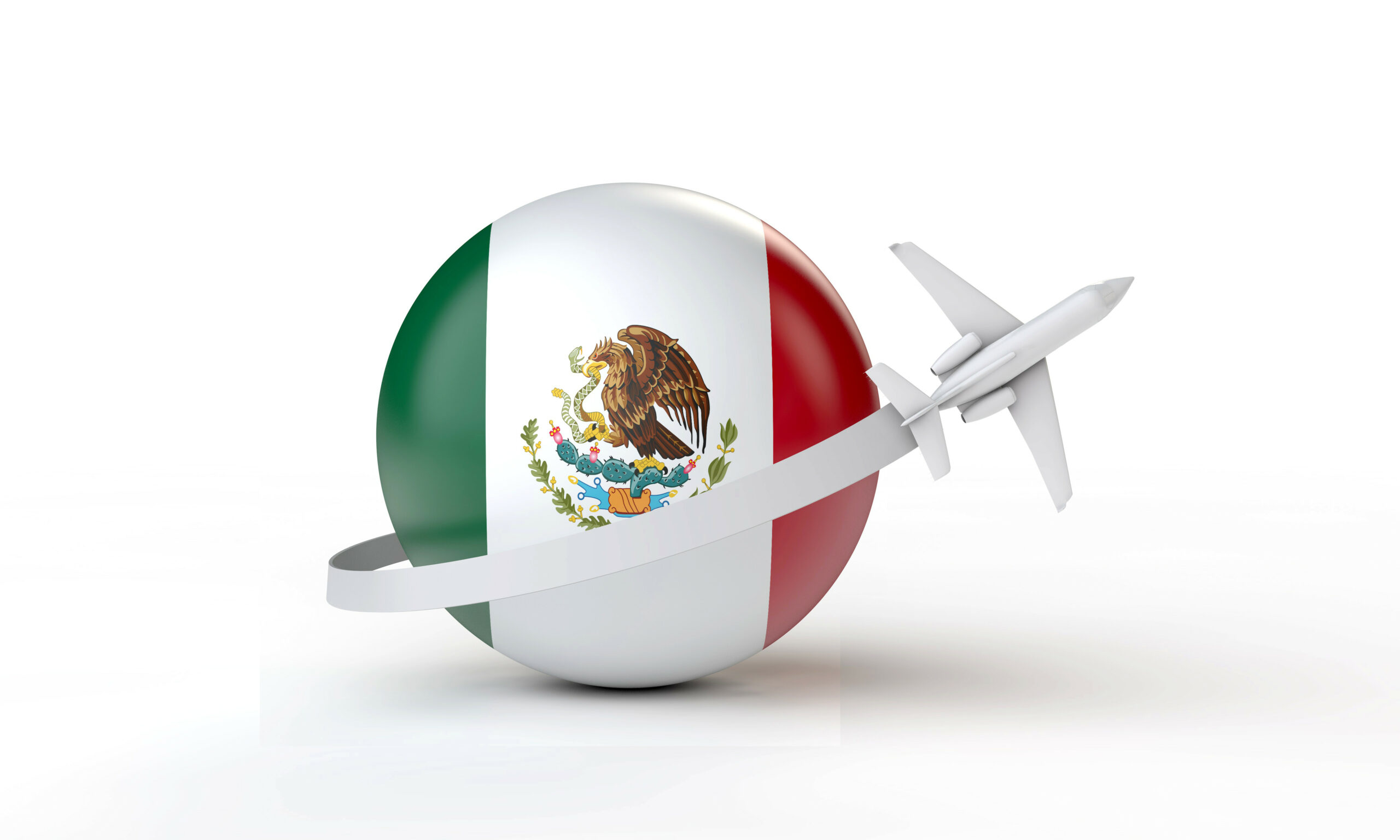 Ilustración en 3 dimensiones del escudo nacional siendo rodeado por una aeronave