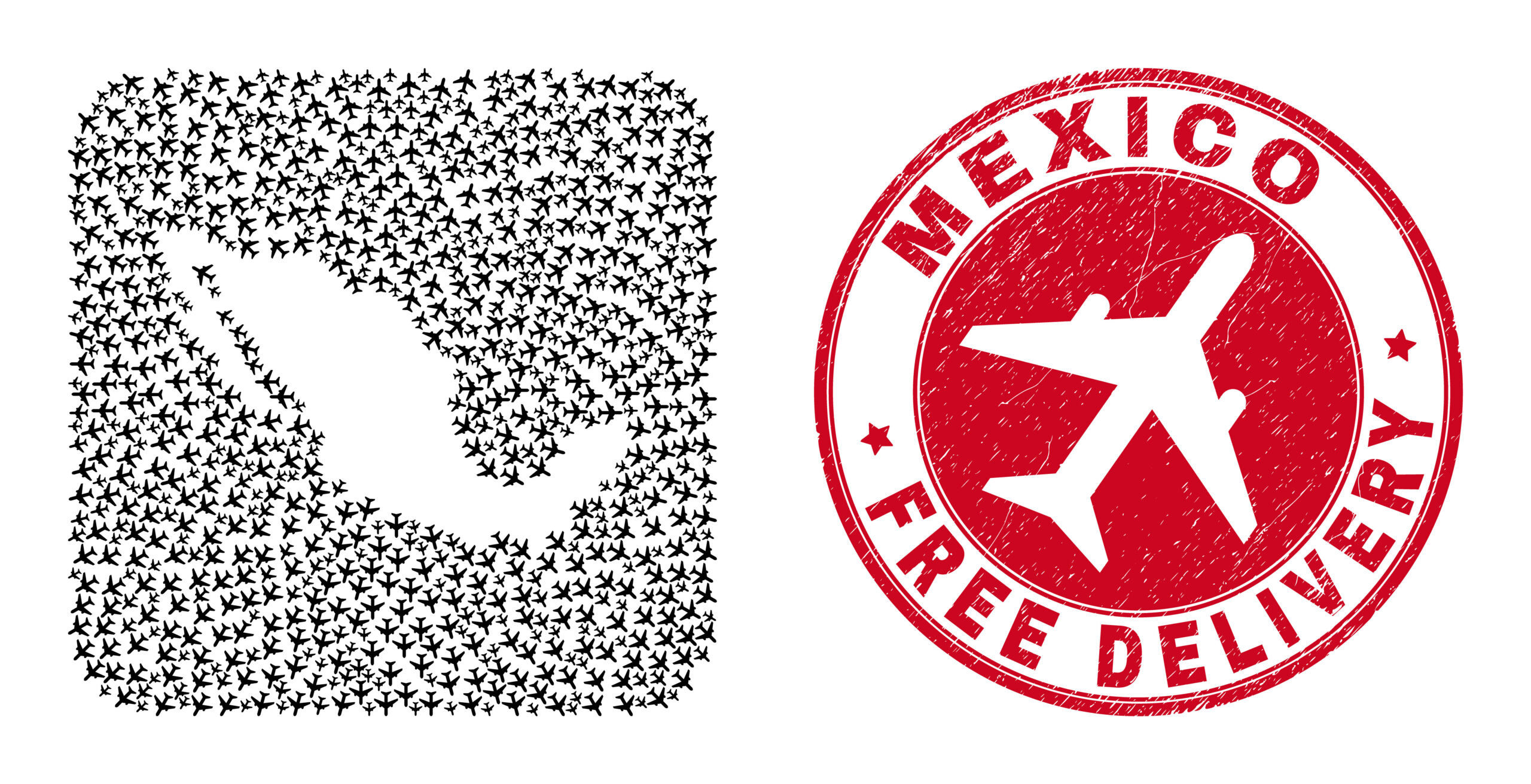 Contorno del territorio mexicano hecho a base de aviones a un lado de una marca de sello rojo que se refiere al libre tránsito del espacio aereo mexicano