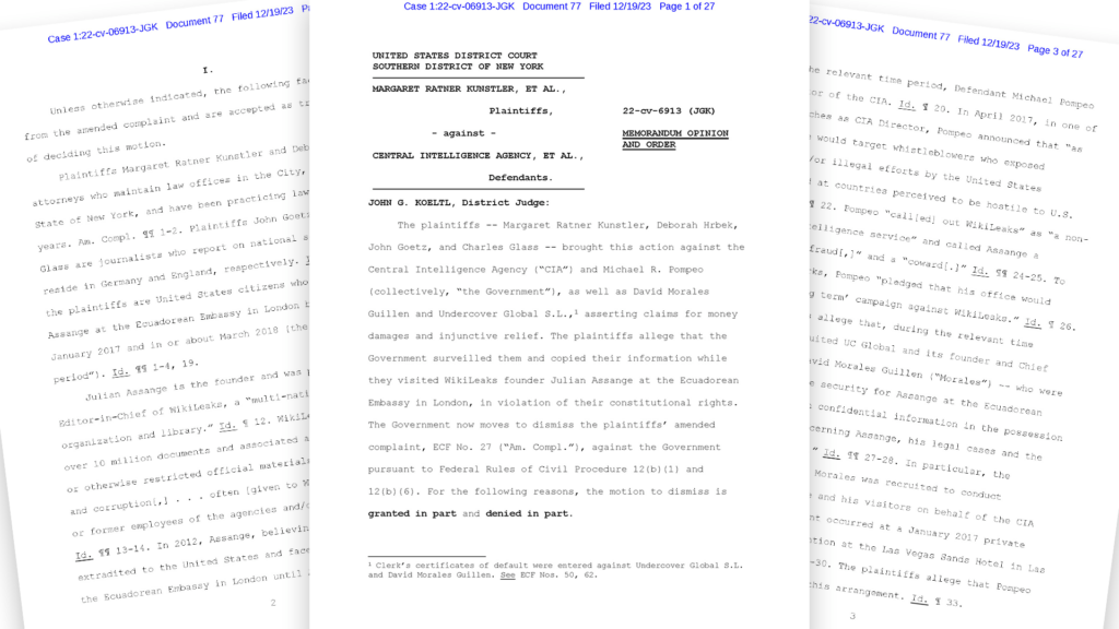 El juez John G Koeltl, del Tribunal del Distrito Sur de Nueva York en Manhattan, desestimó una moción presentada por la CIA