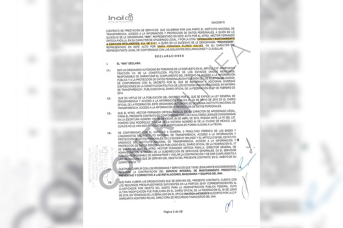 El 18 de enero de 2019, el Inai firmó el contrato OA/C009/19 con OMEI, empresa fundada en 1988 por Xóchitl Gálvez Ruiz